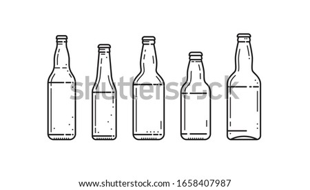 Set of beer bottles of different sizes and shapes on a white isolated background. Glassware in a linear style. Vector illustration.