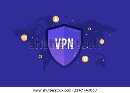VPN icon - Virtual Private Network. VPN symbol on the background of the world map. Safe computer technologies for remote servers. Vector flat illustration on blue background.