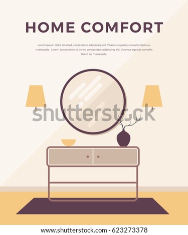 Lounge concept interior with classic, modern furniture: sconces, bedside table, round mirror, vase. Flat design, minimalist style. Home interior design.