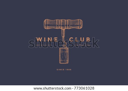 Logo template of wine club with image corkscrew and wine cork on dark blue background. Vector design element for wine store, menu, brand and identity.