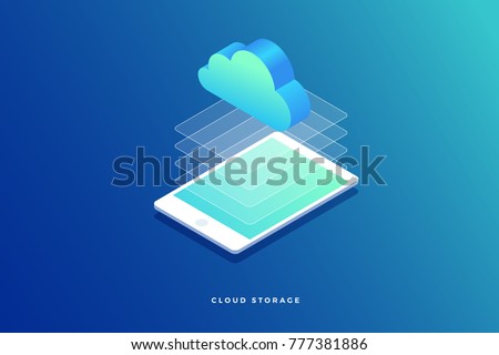3D isometric computer tablet. Cloud storage information. Vector flat illustration.