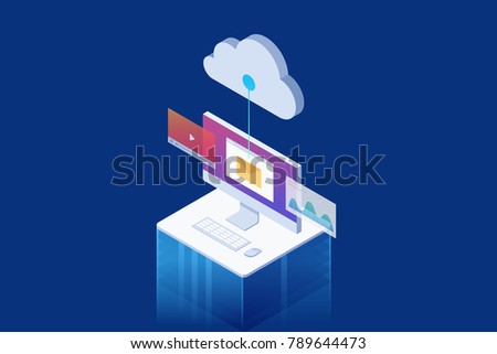 Isometric concept of Lcd monitor with different applications: web chart, email, player. Vector illustration.