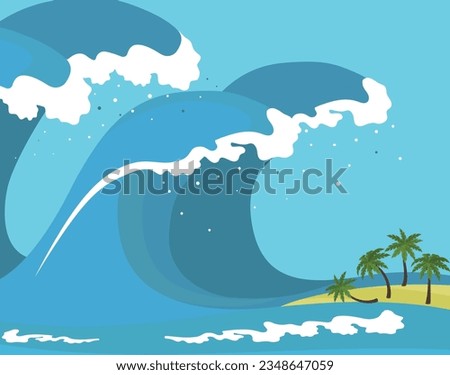 Tsunami vector illustration. Tsunami waves near the beach with palm trees.  Big waves.