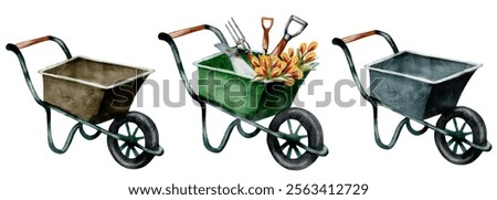 Image, Stock Photo three wheelbarrows, a rake, a chopper and 2 watering cans are off duty