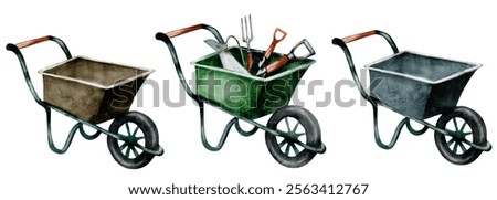 Similar – Image, Stock Photo three wheelbarrows, a rake, a chopper and 2 watering cans are off duty