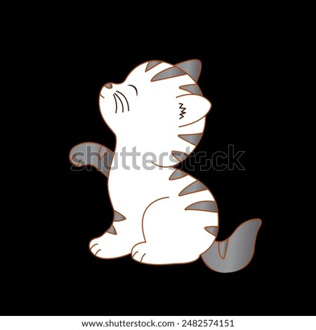 Cute domestic happy playing cat facing upward direction and making a pout pose in white and grey color. used as print on shirts .hand drawn Pets Vector illustration on black background.