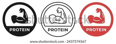 High protein icon. Whey protein fitness logo, badge, symbol, stamp or logo. Fitness nutrition for gym and muscles logotype, sticker, emblem, mark or seal isolated.