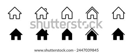 Web home icon set for websites and apps. Simple house symbol. Flat real estate sign. Main page pictogram in filled, thin line, outline and stroke style. Isolated illustration.