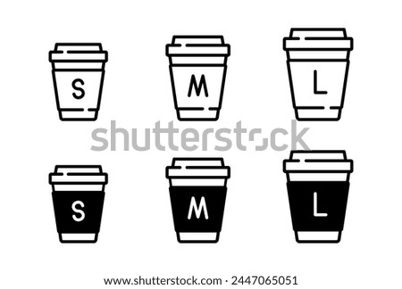 Hot drink cup size icon set. S, M, L size coffee. Take away vector illustration. Cafes menu signs isolated. Cup symbol for your web site design, logo, app, UI, bar menu, business and advertising.