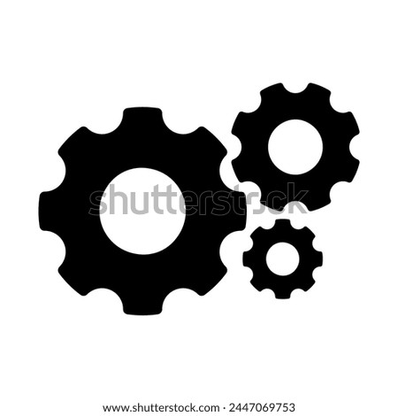 Cogwheel group filled black icon. Three cogs mechanism factory vector illustration. Industrial machine and engine sign. Clockwork technology symbol. Settings or teamwork web pictogram isolated.