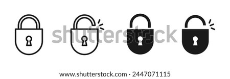 Lock or padlock vector icon set. Security protection keyhole sign. Safety password confidential symbol. Privacy access or permission isolated illustration. Line, outline, filled black web buttons.