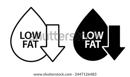 Low fat icon. Trans fats free symbol. Droplet with arrow down sign. Low cholesterol sign. Healthy nourishment vector illustration isolated.