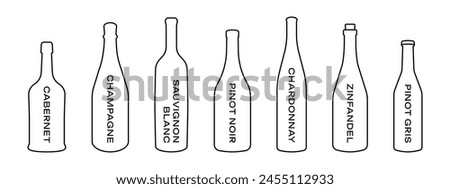 Wine bar menu illustration. Wine types collection. Alcohol bottles icon set. Champagne bottle symbol. Sauvignon, chardonnay, cabernet and zinfandel design outline isolated.