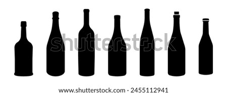 Wine bottle types vector illustrations set. Alcohol glasses abstract silhouette collection. Glass bottle types isolated. Minimal color flat filled black icon set.