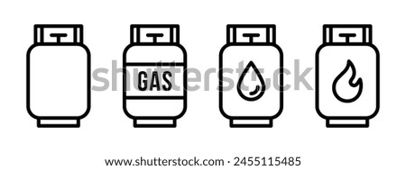 Gas tank icon set. Propane cylinder line symbol. Fuel canister pictogram. Petrol tank illustration. LPG or compressed methane outline icon isolated.