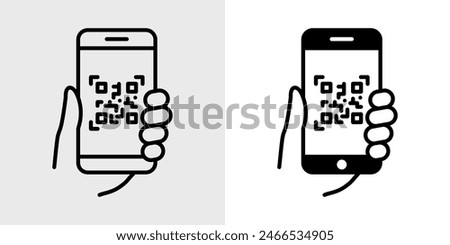 QR code icon. Mobile phone scanning qr-code vector illustration. Hand holding a phone with scanner symbol isolated.