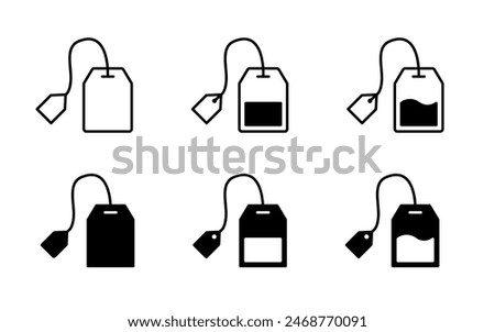 Tea bag icon set. Teabag vector symbol. Herbal drink packaging label isolated illustration.