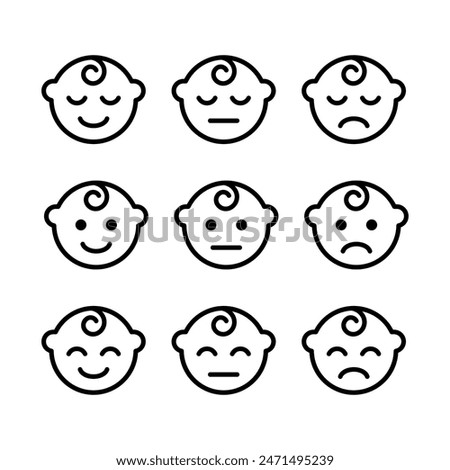 Baby face icon. Baby boy facial expression set. Toddler emotions pack. Newborn symbol. Kid face pictogram. Cute child smile sign. Happy and sad child. Sleeping children isolated concept.