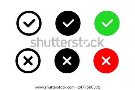 Check mark and cross mark icon set. Green checkmark and red cross vector symbols. Correct and wrong buttons. Vote pictogram. Yes and No illustration. Checkbox icon isolated.