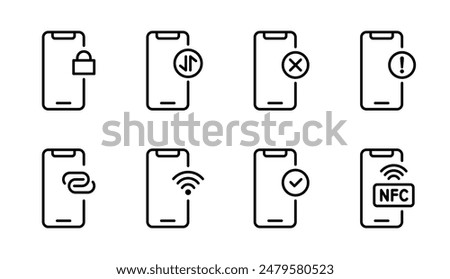 Mobile phone status icon set. Locked symbol. Wi-Fi connection. NFC contactless payment. Smartphone hotspot mode. Internet sharing pictogram. Phone notification vector illustration. Cellular data icon