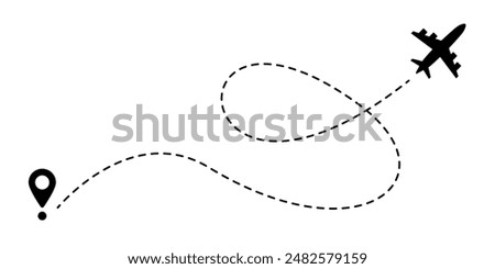 Airplane line path icon. Air plane flight route with line trace vector illustration. Dashed route travel concept. Plane flight way wallpaper isolated on white background. Aviation track symbol.