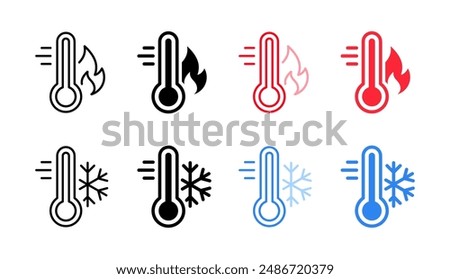 Hot and cold temperature icon set. Thermometer with snowflake and fire vector illustration. Warm and cool weather indicator. Winter and summer climate symbol. Thermometer temperature sign isolated.