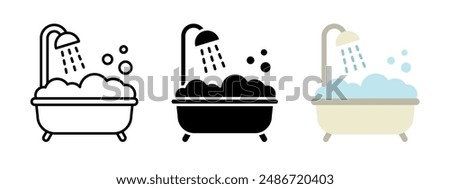 Bathtub with soap foam icon. Shower with bubbles vector illustration. Soapy water symbol. Foaming water sign. Hygiene pictogram. Bath silhouette isolated.