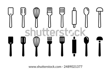 Cooking utensil icon set. Kitchen equipment collection vector illustration. Kitchenware line symbols. Cooking tools collection. Spoon, spatula, ladle, mixer, rolling pin and brush pictograms isolated