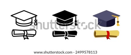 Graduation hat with diploma icon set. Student hat with academic degree certificate vector illustration. College, school and university graduation ceremony concept isolated.