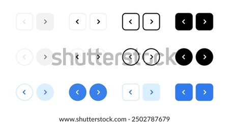 Web interface navigation buttons icon set. Slider arrow buttons symbols. Next and previous round buttons for app. Simple website arrow buttons in three different styles isolated collection.