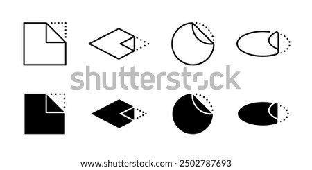 Peel off sticker icon set. Open here symbol. Adhesive paper vector illustration. Sticky tape blank sign collection. Pull off corner dotted edge pictogram isolated. Peel off sticker instruction.