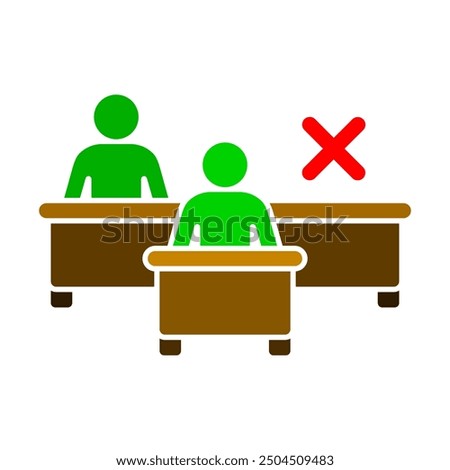 Missing student icon with red cross. Vacant place symbol. Fired employee vector illustration. Worker shortage sign. Workman dismissal pictogram. Green person sitting at the table with missing student.