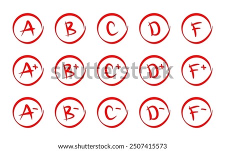 Grade result icon set. Exam results vector illustration. School grades hand-drawn mark icon collection. Education mark symbols from A to F in red hand-drawn circles. Student evaluation sign isolated