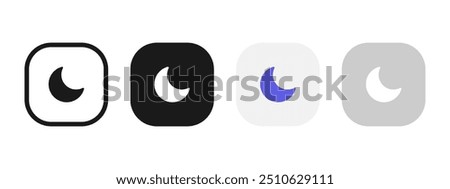 Night mode button icon set. Dark theme vector illustration. Crescent moon symbol. Night mode control element for web and app interface in flat design. Mobile phone screen dark theme isolated concept.