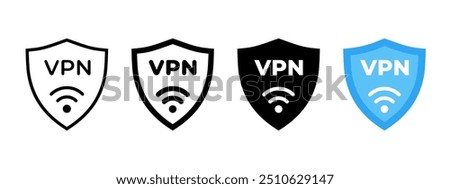 VPN icon set. Virtual private network vector illustration. Wi-fi connection shield pictogram. Web security symbol. Firewall encryption protocol sign. Web server protection isolated concept.