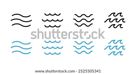 Wave icon set. Water surface vector illustration. Sea waves curve symbol. River flow sign. Lake sign. Abstract tide pictogram. Flux water concept. Ocean beach minimalistic icon. Fluid water line logo.