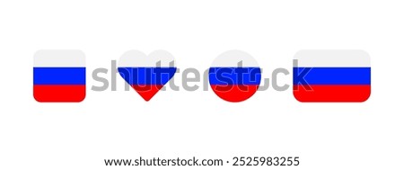 Russian flag icon. Flag of Russia vector sign. Russian national banner. White, blue and red emblem. Minimalistic simple Moscow banner in four different shapes: square, heart, circle and rectangle.