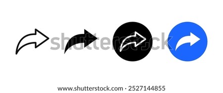 Share button arrow icon. Send symbol. Right arrow vector illustration. Share arrow sign. Social media interface web element in blue circle. Publish button. Forward pictogram. Right arrows collection.