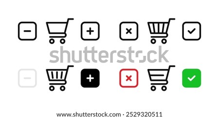 Add to cart icon. Remove from cart symbol. Edit quantity of goods button. Shopping basket accept and reject sign. Online shopping basket with plus and minus pictogram. Add to cart vector illustration.