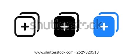 Add new post icon. Create new layer symbol. Duplicate sign. Publish button. Sum and plus square pictogram. Add post vector illustration isolated.