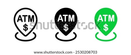 ATM pin dollar icon. Banking location symbol. Cash dispenser marker. Automated teller machine navigation pointer. Money withdrawal map. Payment terminal vector illustration isolated.