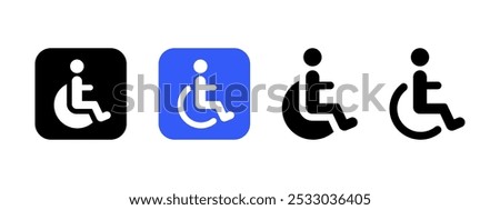 Disabled person sign icon set. Handicapped accessibility symbol. Wheelchair access vector illustration. Handicap parking sign. Disability concept. Disabled person WC emblem isolated.