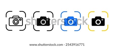 Camera focus icon. Focusing frame with photo camera vector illustration. Sharpened capture symbol. Photo scan sign. Target image pictogram. Picture shooting isolated concept. Web interface button.