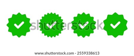 Green checkmark starburst icon set. Verification label vector illustration. Approved quality mark symbol. Correct badge, stamp and sticker. Guarantee certificate emblem. Certified checkmark sign.