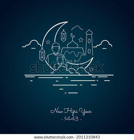 Vector illustration of happy new Hijri year 1443 with single line style. Happy Islamic New Year. Graphic design for the decoration of gift certificates, banners and flyer. 