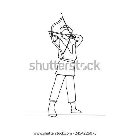 One continuous line drawing of Archery athlete vector illustration. Archery is great way to develop focus, concentration, and self-discipline. Archery athlete design concept in simple continuous line.