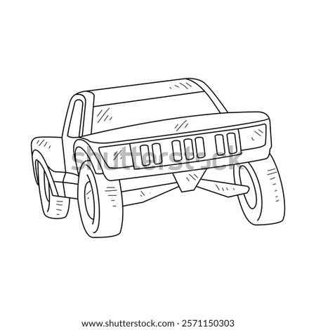 Off-Road Beast: A Minimalist Line Drawing Vector Design Capturing the Raw Power and Rugged Engineering of a off-road vehicle, Featuring Aggressive Suspension Lift, Oversized All-Terrain Tires. 