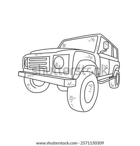 Off-Road Beast: A Minimalist Line Drawing Vector Design Capturing the Raw Power and Rugged Engineering of a off-road vehicle, Featuring Aggressive Suspension Lift, Oversized All-Terrain Tires. 