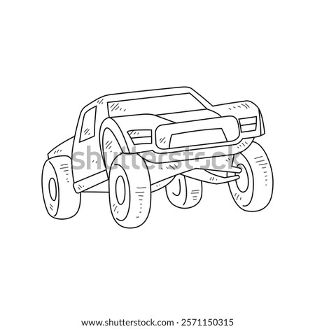 Off-Road Beast: A Minimalist Line Drawing Vector Design Capturing the Raw Power and Rugged Engineering of a off-road vehicle, Featuring Aggressive Suspension Lift, Oversized All-Terrain Tires. 