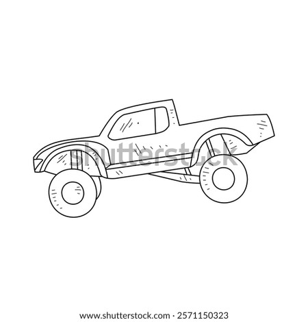 Off-Road Beast: A Minimalist Line Drawing Vector Design Capturing the Raw Power and Rugged Engineering of a off-road vehicle, Featuring Aggressive Suspension Lift, Oversized All-Terrain Tires. 